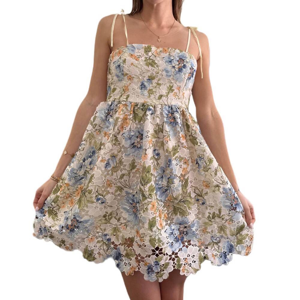 NEW MAIN STRIP floral lace mini dress in blue multi